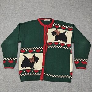 Vintage Essential Elements Cardigan‎ Womens Large Green Scottie Dog Christmas